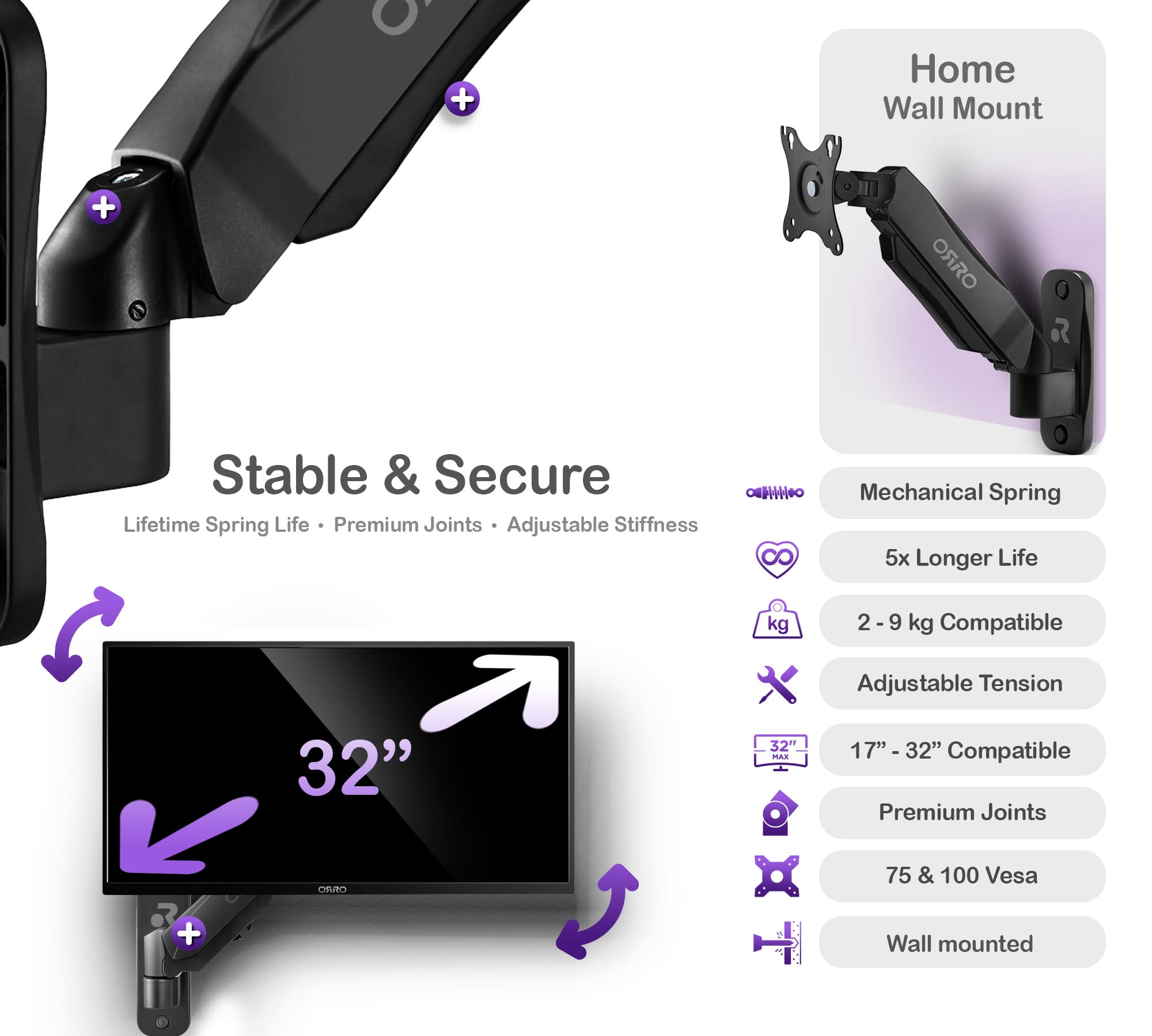ORRO Home Gen 2 - Wall Mount Single Monitor Arm