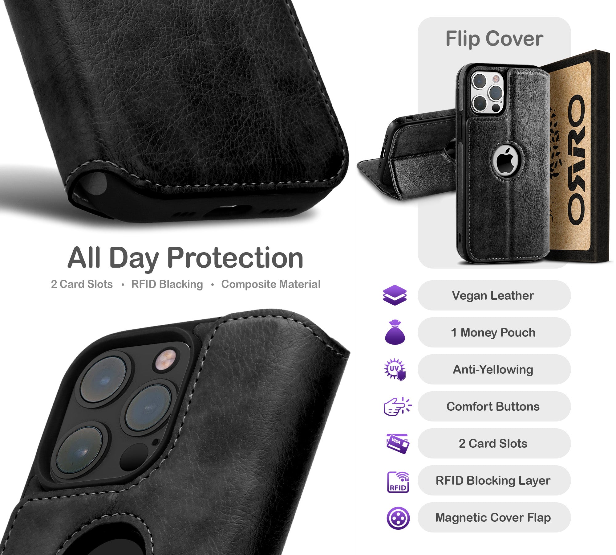 ORRO iPhone 16 Series Case - Vegan Leather Wallet Flip