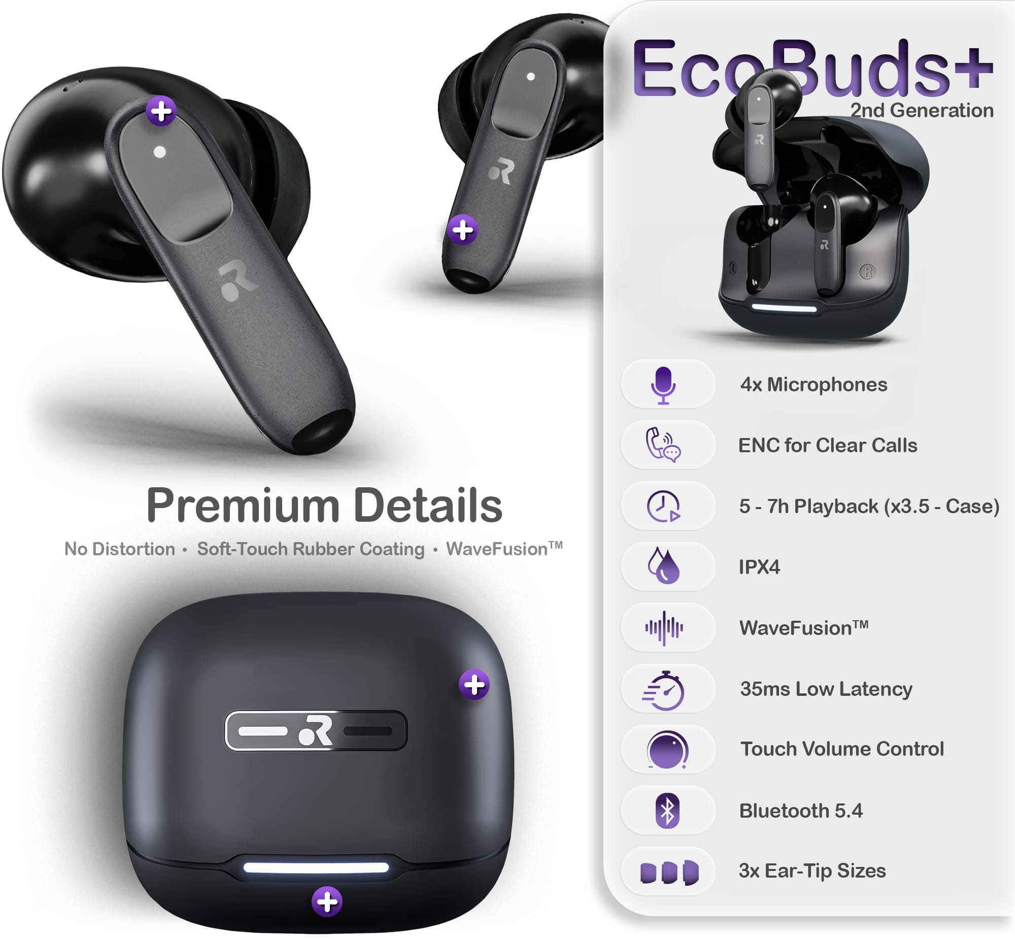 ORRO EcoBuds + (2nd Generation) — True Wireless Earphones, Black