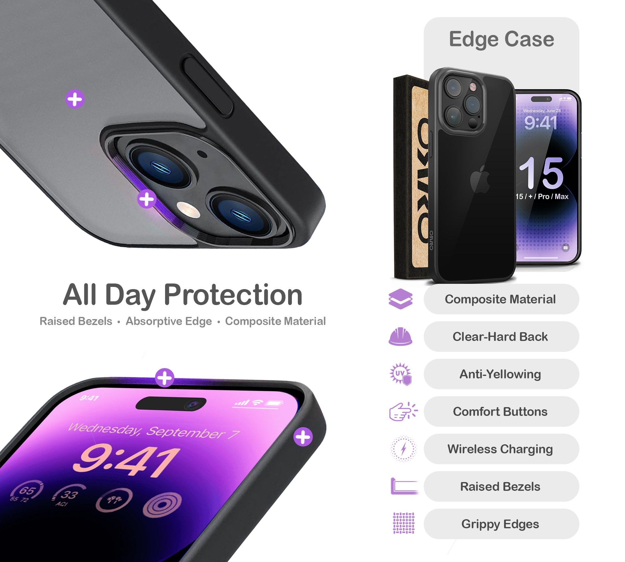 ORRO iPhone 15 Series Case - Black Edge Clear Back