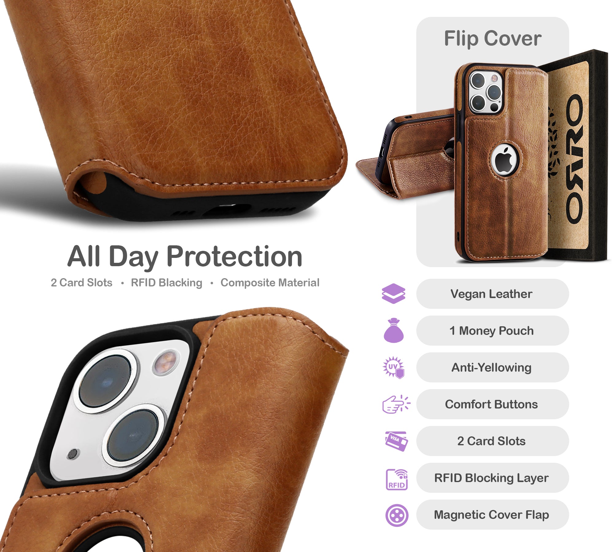 ORRO iPhone 15 Series Case - Vegan Leather Wallet Flip
