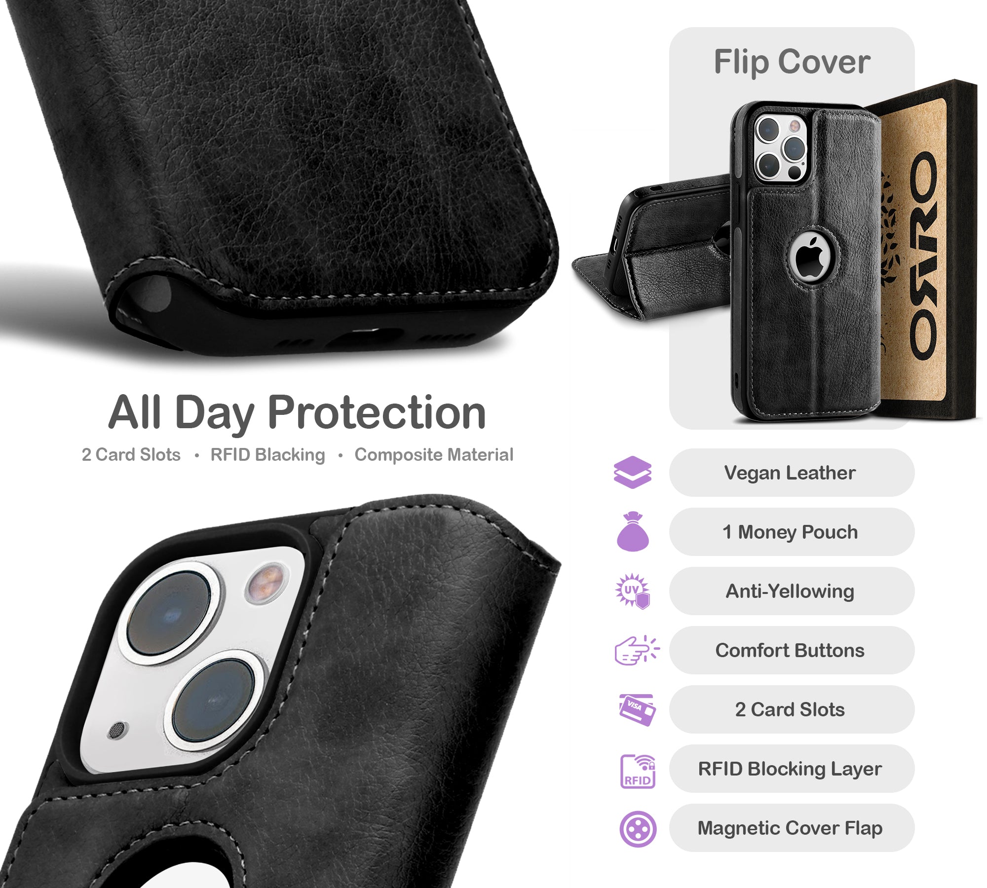 ORRO iPhone 15 Series Case - Vegan Leather Wallet Flip
