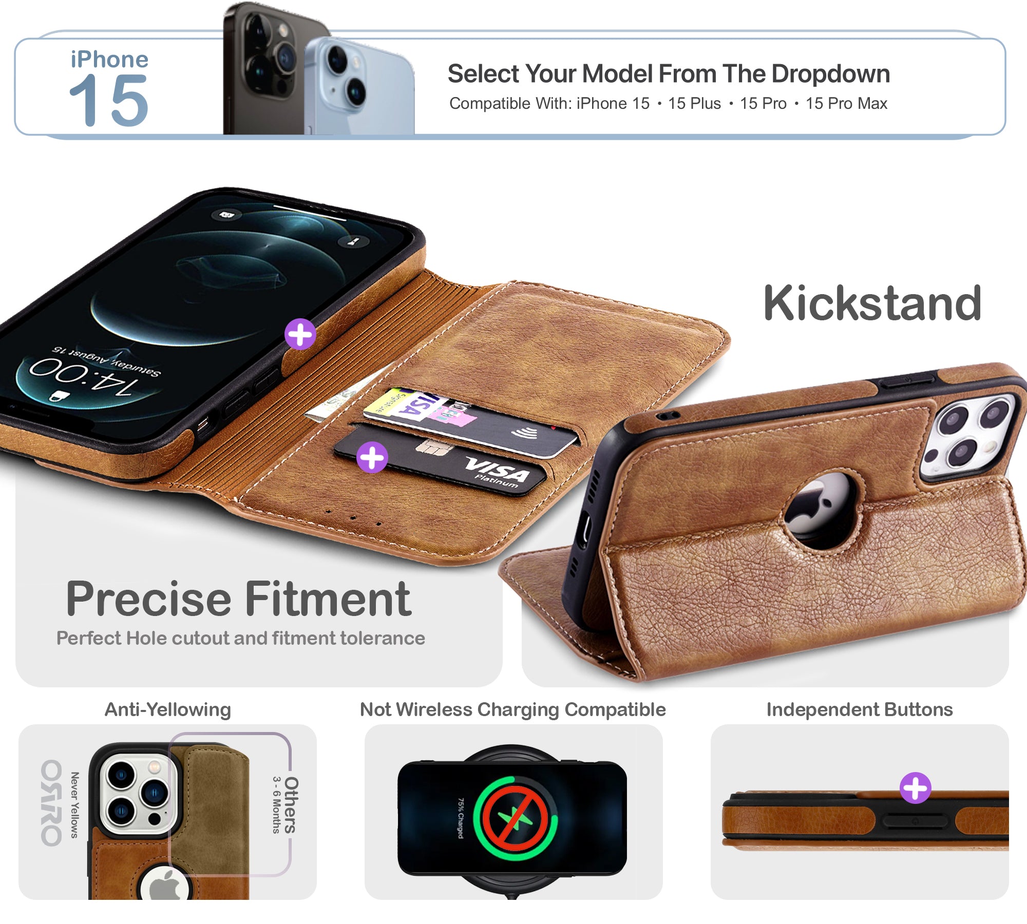 ORRO iPhone 15 Series Case - Vegan Leather Wallet Flip