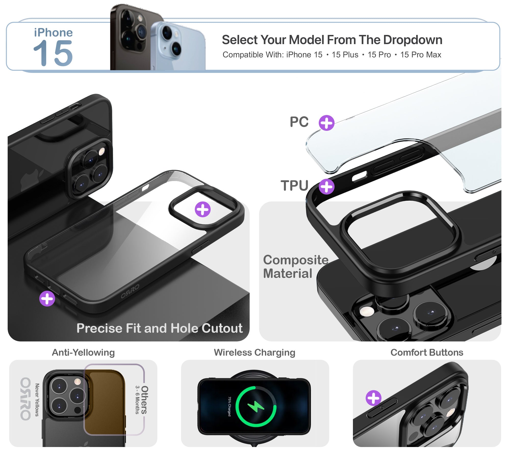 ORRO iPhone 15 Series Case - Black Edge Clear Back