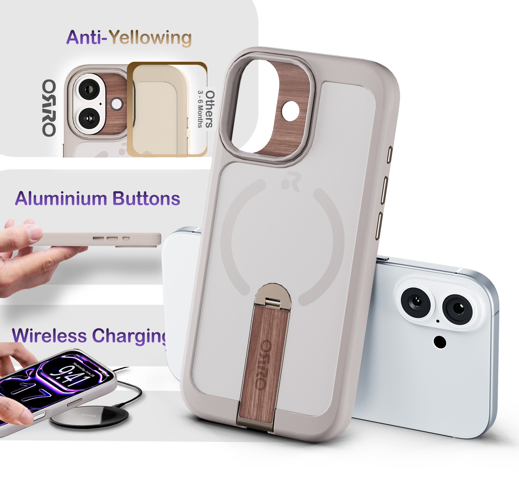 ORRO iPhone 17 Series Case - 360 Kickstand Light Wood Finish