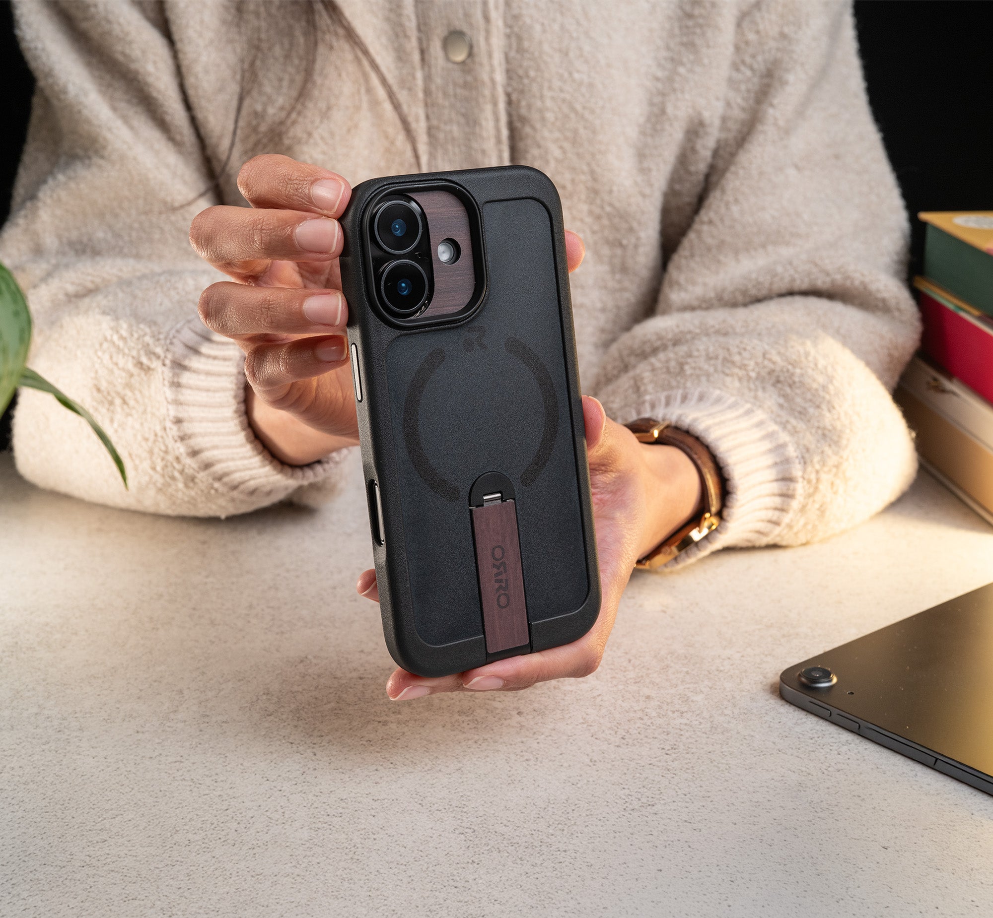 ORRO iPhone 17 Series Case - 360 Kickstand Dark Wood Finish