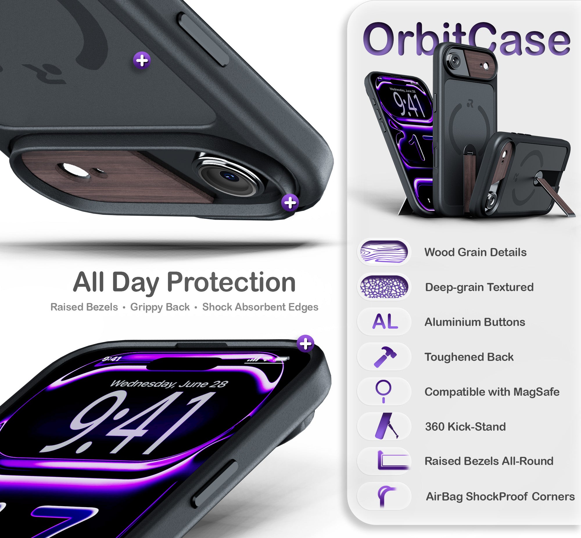 ORRO iPhone 17 Series Case - 360 Kickstand Dark Wood Finish