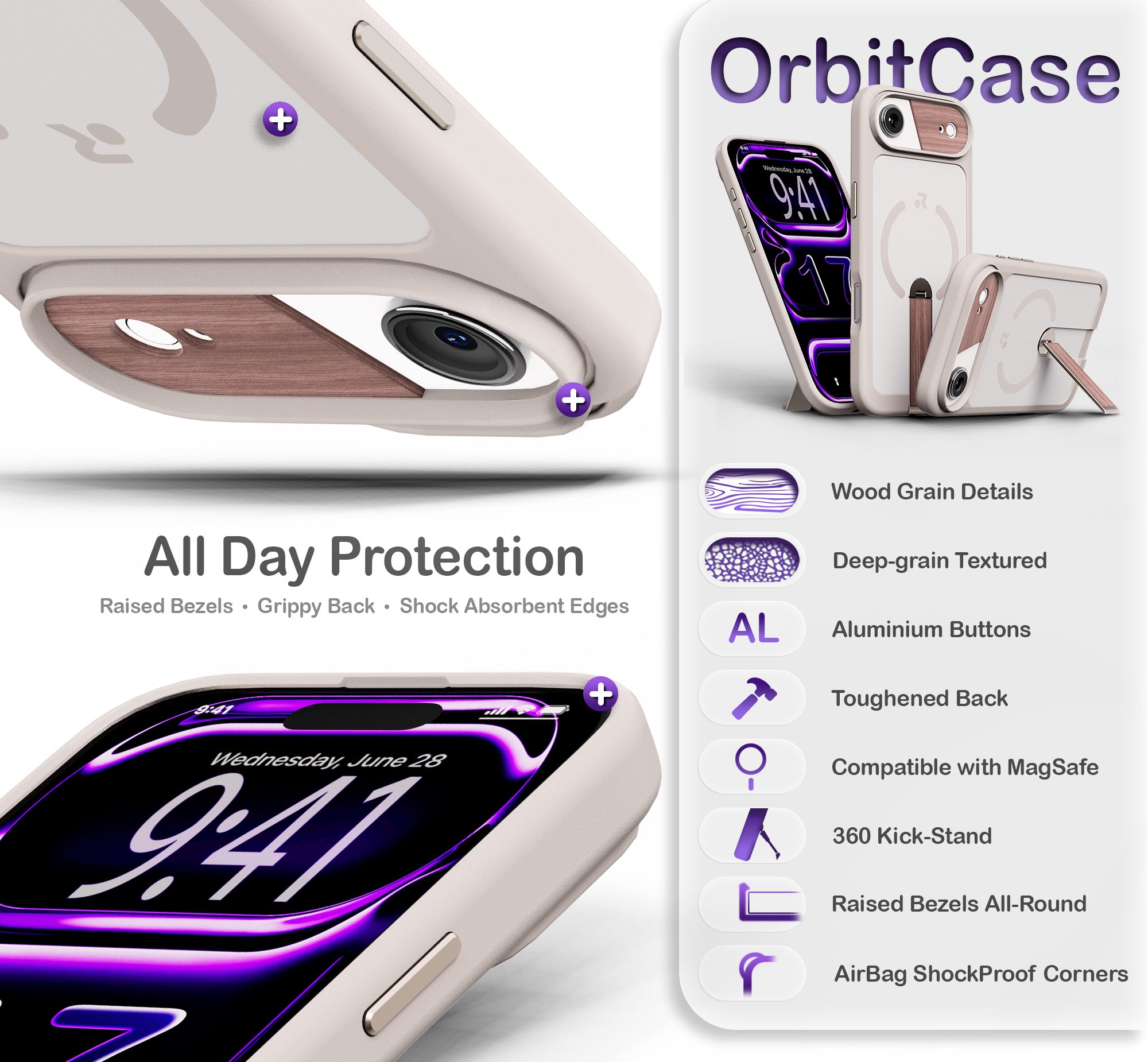 ORRO iPhone 17 Series Case - 360 Kickstand Light Wood Finish