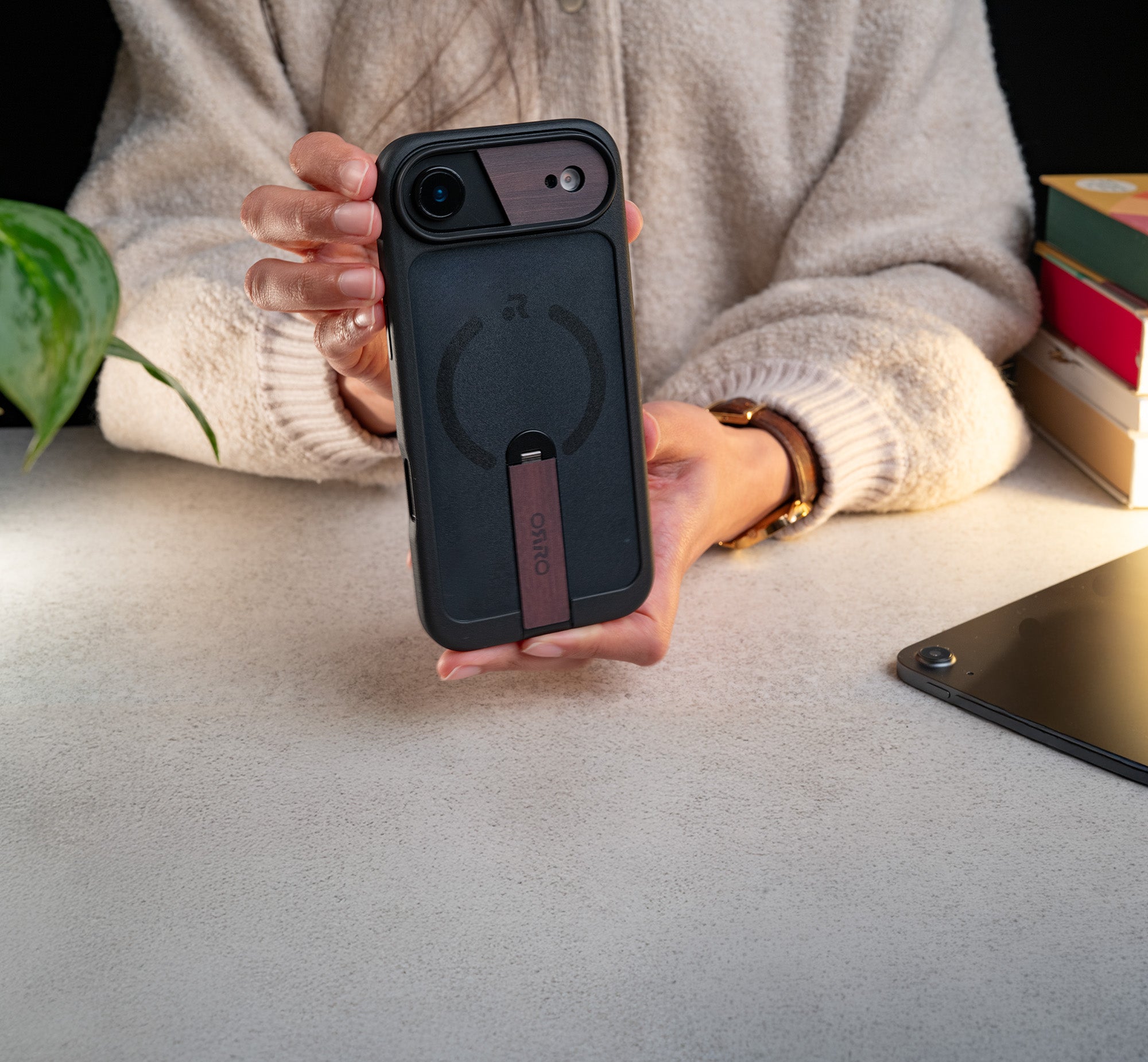 ORRO iPhone 17 Series Case - 360 Kickstand Dark Wood Finish