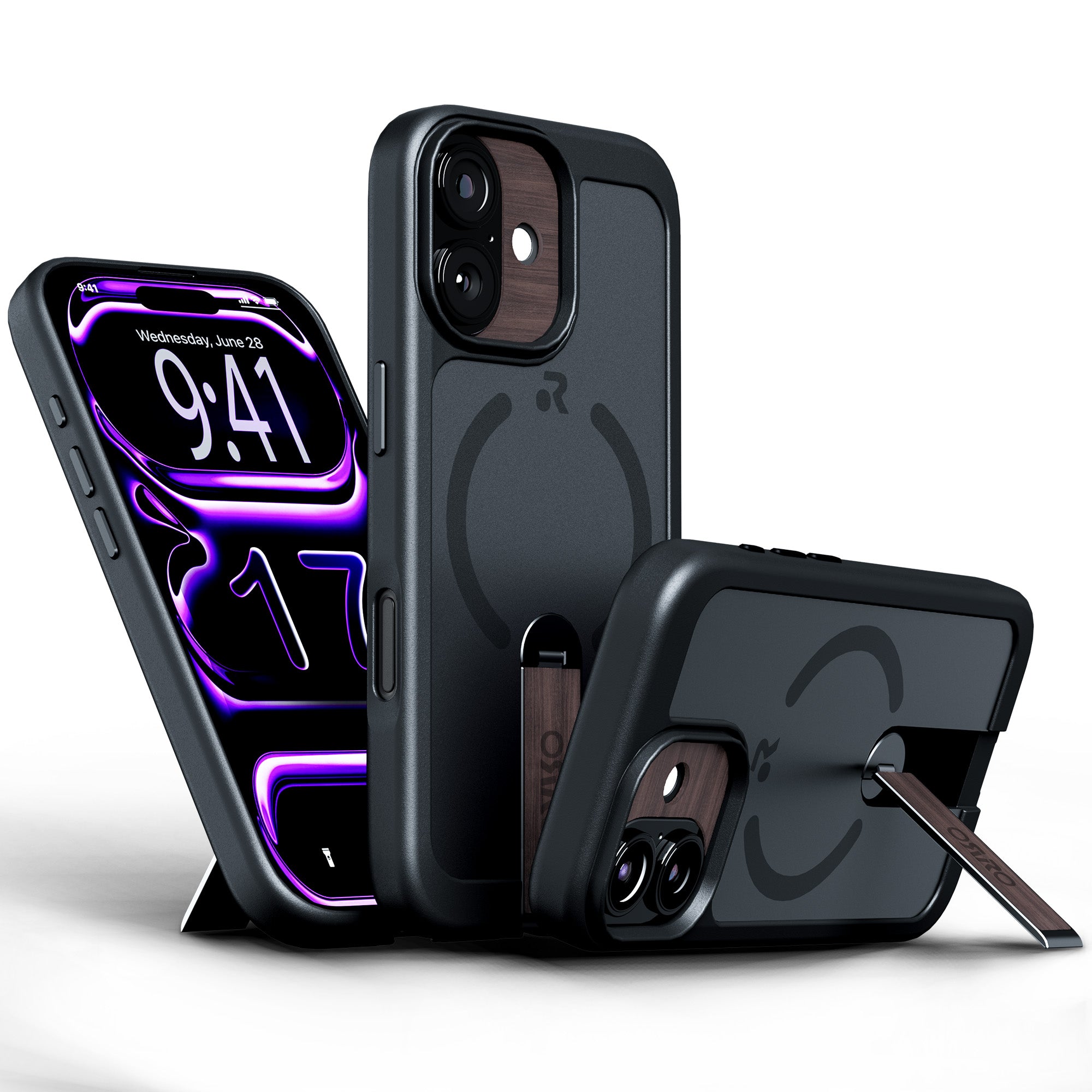 ORRO iPhone 17 Series Case - 360 Kickstand Dark Wood Finish
