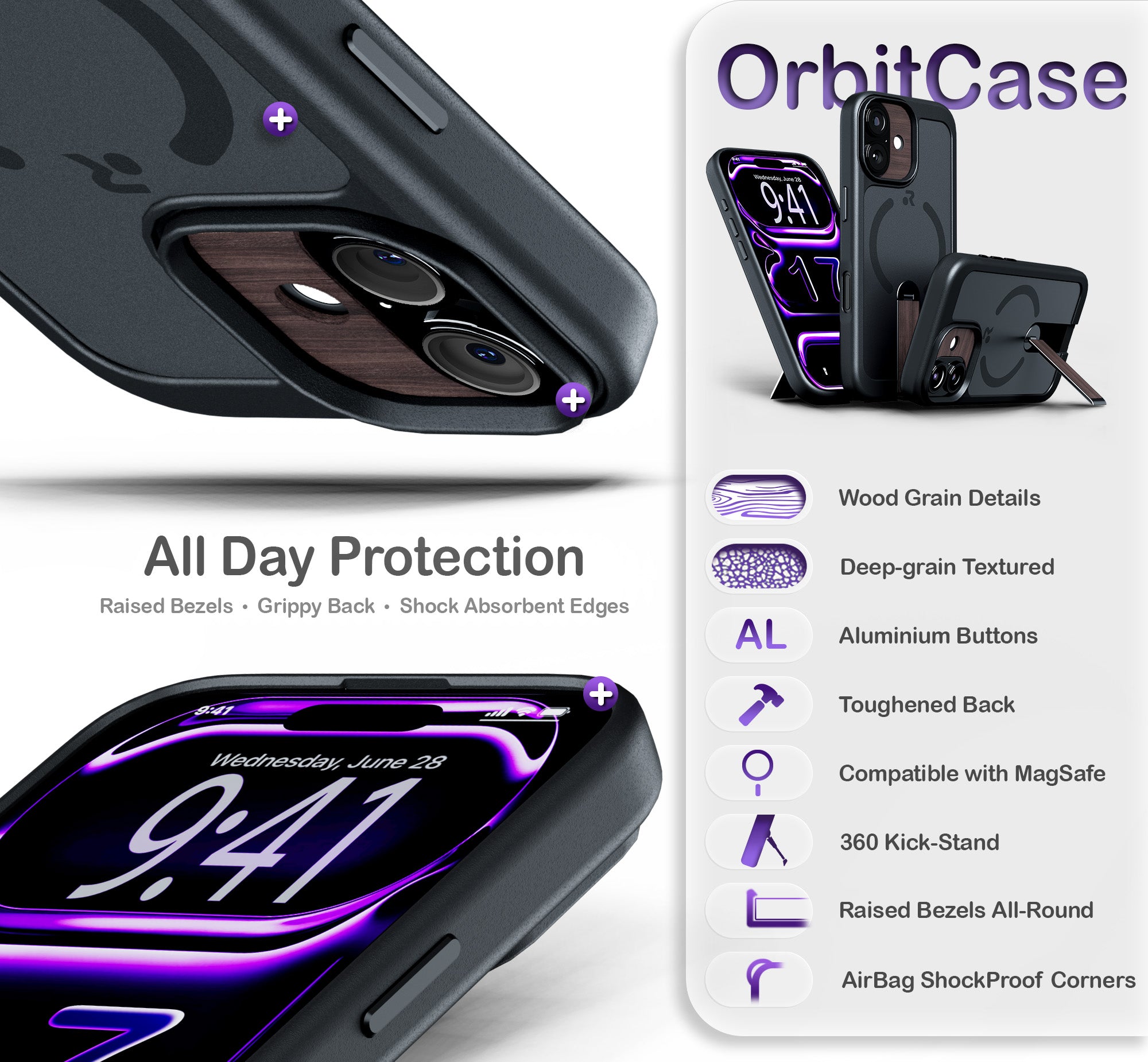 ORRO iPhone 17 Series Case - 360 Kickstand Dark Wood Finish