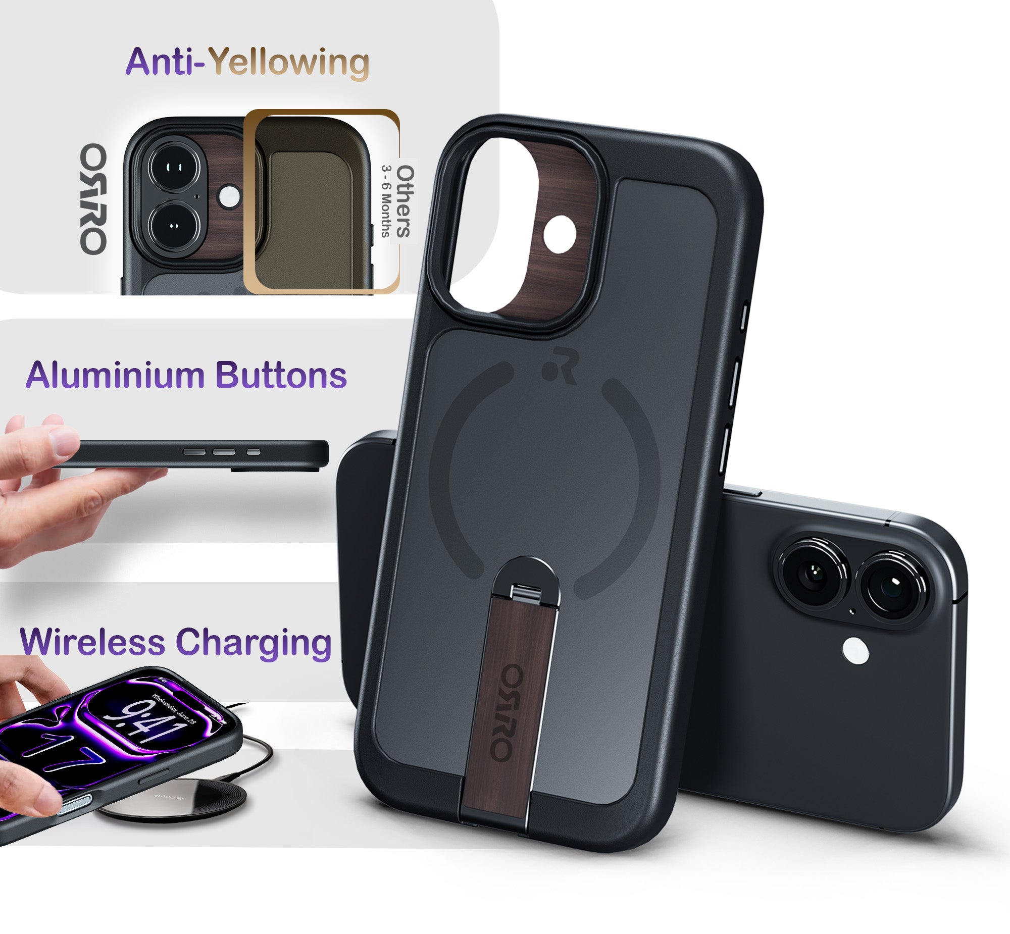ORRO iPhone 17 Series Case - 360 Kickstand Dark Wood Finish