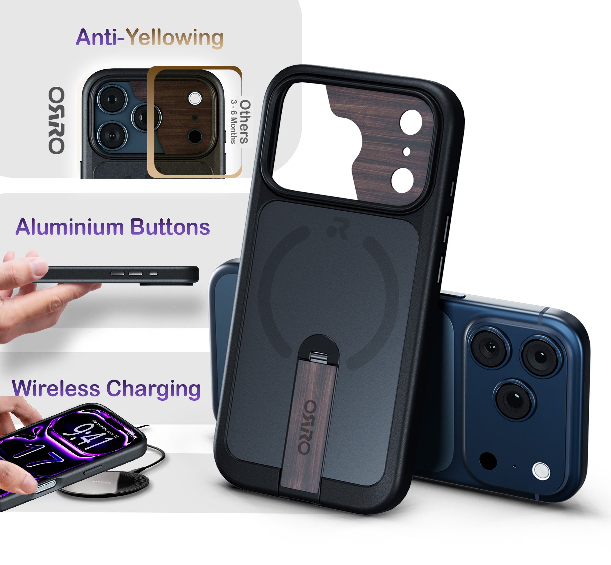 ORRO iPhone 17 Series Case - 360 Kickstand Dark Wood Finish